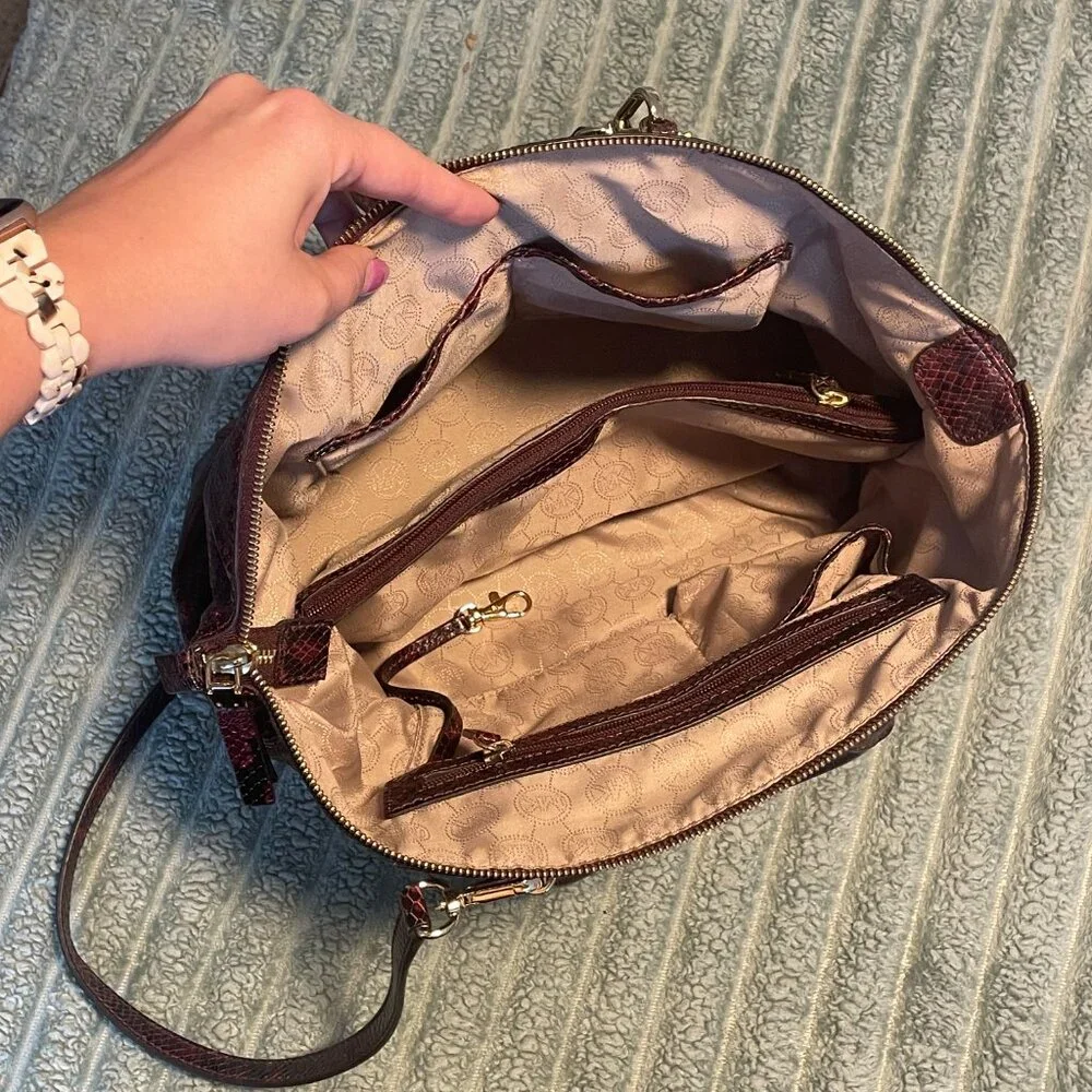 Michael Kors Riley Satchel Handbag - Maroon and Python - Picture 6 of 9